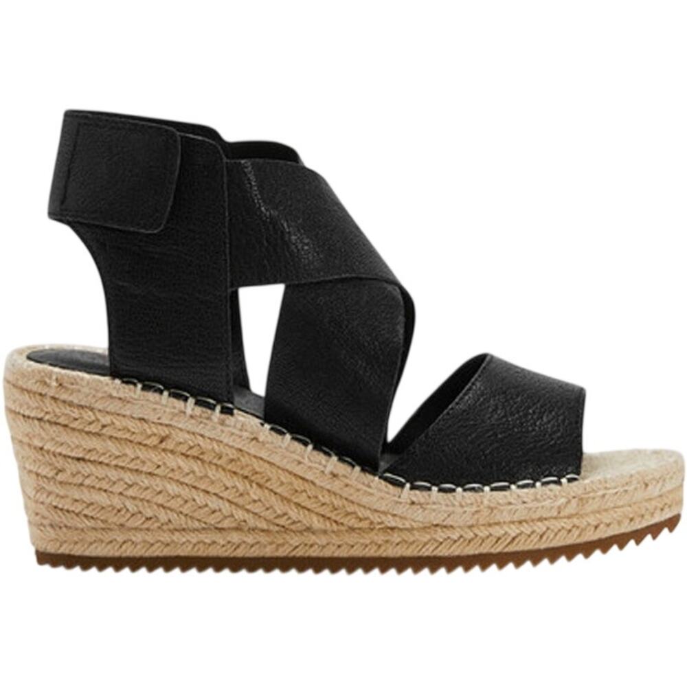 Eileen Fisher Willow Espadrille Sandals Wedge Strappy Tumbled Leather Black 7